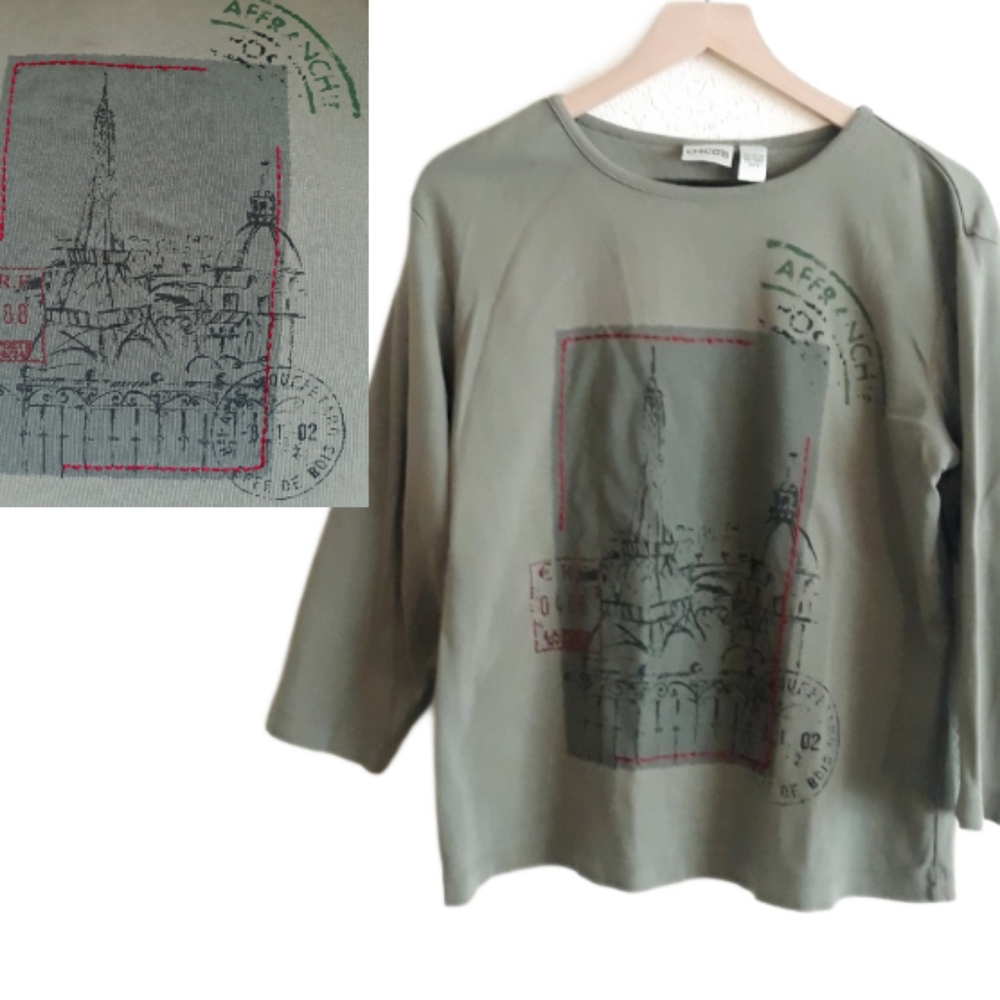 Chico's Paris France Eiffel Tower Postage Stamp Shirt - Size 3 / XL Green